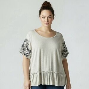 Hailey & Co 2XL Peplum Top Beige Oatmeal Floral Sleeve Scoop Neck Boho USA